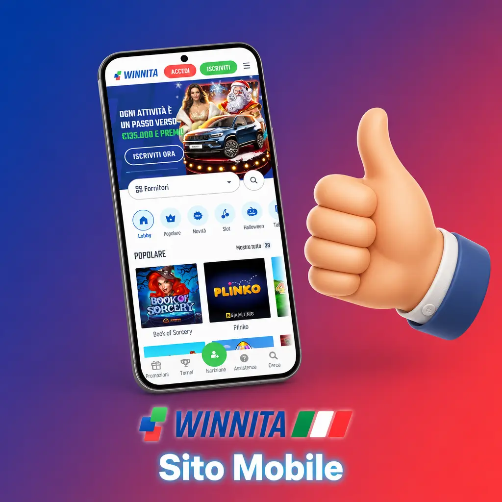 Sito mobile Winnita su smartphone e tablet, accessibile da browser senza download, con scommesse e casinò